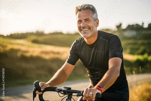 Portrait of a happy senior man riding a bicycle in the countryside © Nerea