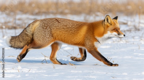 Red fox in winter forest on snowy ground with blurred background, wildlife animal in natural habitat