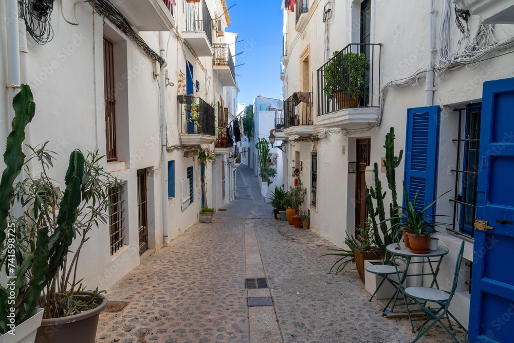 picturesque city street in the Dalt Vila historic old town of Eivissa on Ibiza