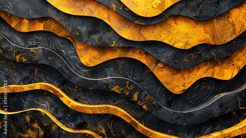 a yellow and black abstract wave pattern, in the style of futuristic organic, poster, shaped canvas