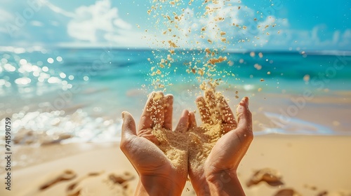 Hands releasing dropping sand. Sand flowing through the hands against blue ocean. Summer beach holiday vacation concept #741598759