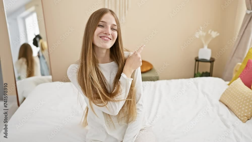 Cheerful young blonde woman, dressed in pyjamas, sits on the bed in her cozy bedroom, joyfully points and gestures with her hand upwards, wearing a radiant, natural smile. Cheerful young blonde woman, dressed in pyjamas, sits on the bed in her cozy bedroom, joyfully points and gestures with her hand upwards, wearing a radiant, natural smile.