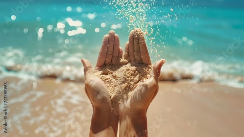 Hands releasing dropping sand. Sand flowing through the hands against blue ocean. Summer beach holiday vacation concept #741598963