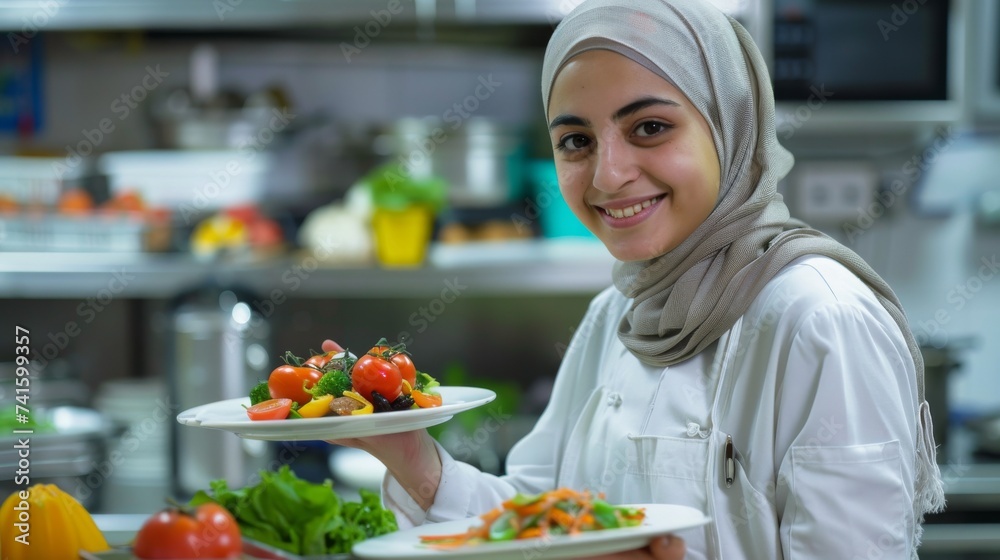 A woman dressed in natural clothing stands proudly in her indoor kitchen, holding plates of fresh produce and whole foods as she promotes a healthy and local diet