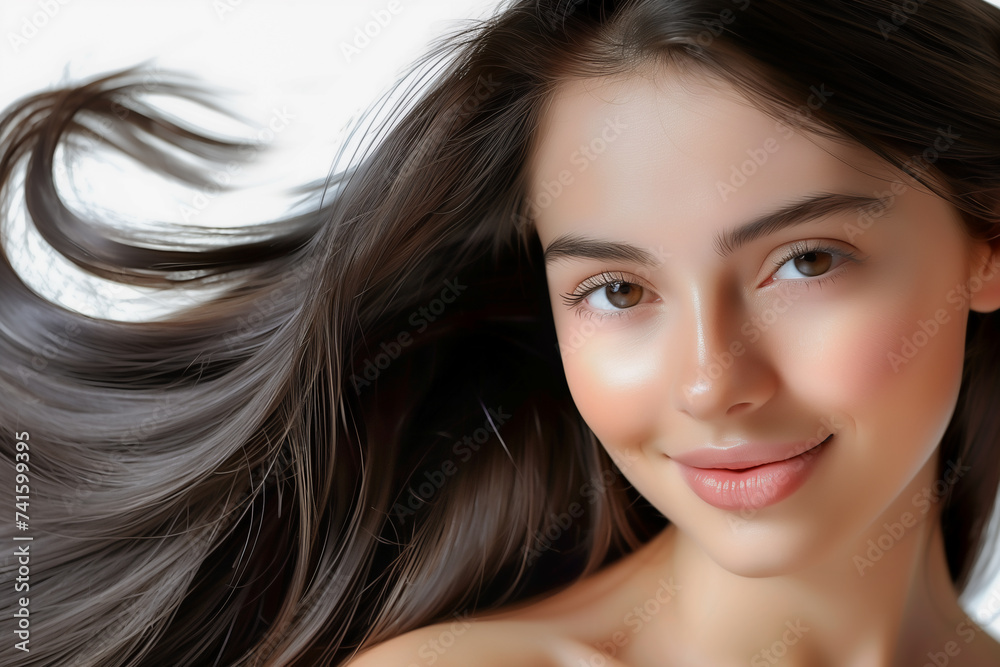 Naklejka premium A close-up portrait of women with a radiant smiling, black hair and windswept hair, showcasing her natural beauty makeup and glamorous.