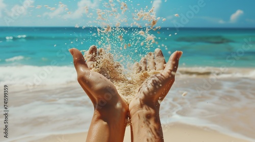 Hands releasing dropping sand. Sand flowing through the hands against blue ocean. Summer beach holiday vacation concept #741599359