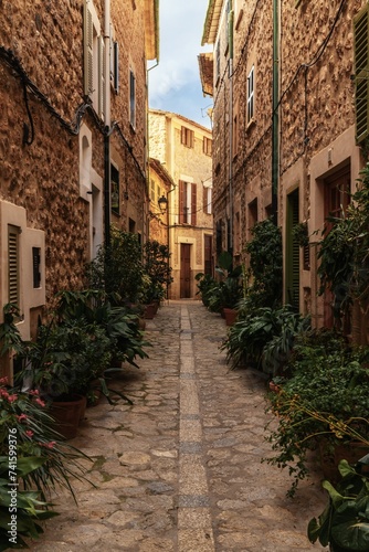 Fototapeta Naklejka Na Ścianę i Meble -  vertical view of a picturesque village street in the quaint mountain town of Fornalutx in northern Mallorca
