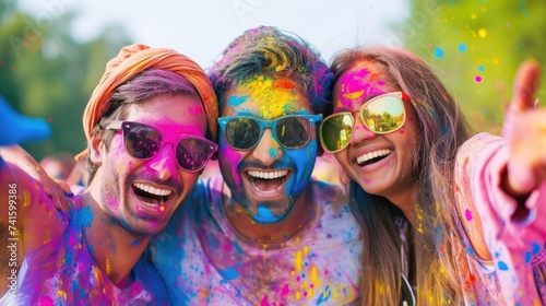 Group of friends having fun at the festival of colors Holi.