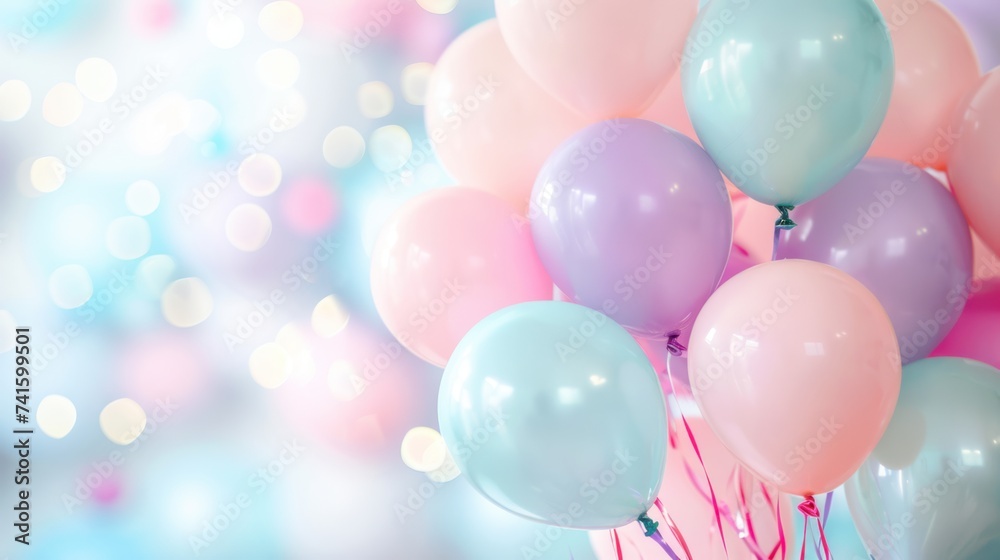 A cluster of pastel-colored balloons with a dreamy bokeh light effect, evoking a cheerful and festive celebration mood.