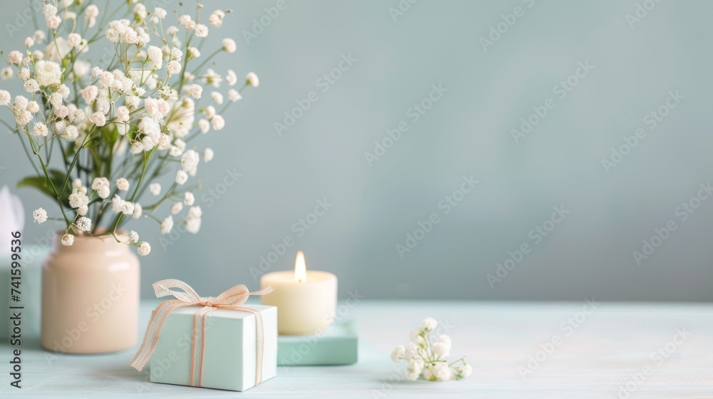 A serene and elegant still life composition featuring a delicate vase of white flowers, a small gift box with a ribbon, and a lit candle on a soft blue background. A serene and elegant still life composition featuring a delicate vase of white flowers, a small gift box with a ribbon, and a lit candle on a soft blue background.