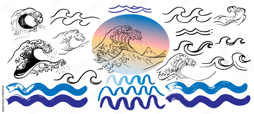 Recursos graficos de olas. Representación de la gran ola. Colección de elementos gaficos con inspiración japonesa con un toque moderno