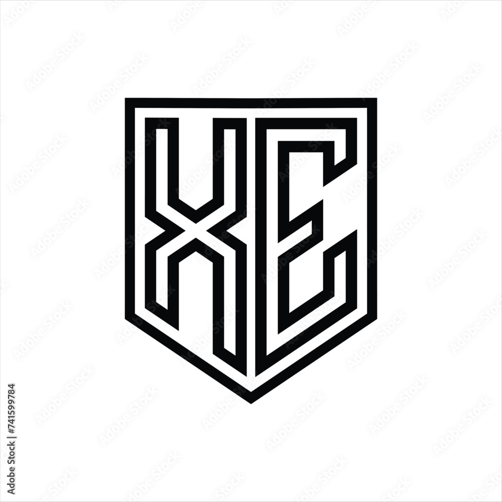 XE Letter Logo monogram shield geometric line inside shield isolated style design