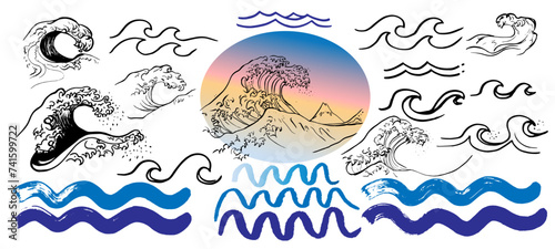 Recursos graficos de olas. Representación de la gran ola. Colección de elementos gaficos con inspiración japonesa con un toque moderno