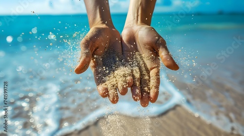 Hands releasing dropping sand. Sand flowing through the hands against blue ocean. Summer beach holiday vacation concept #741599728