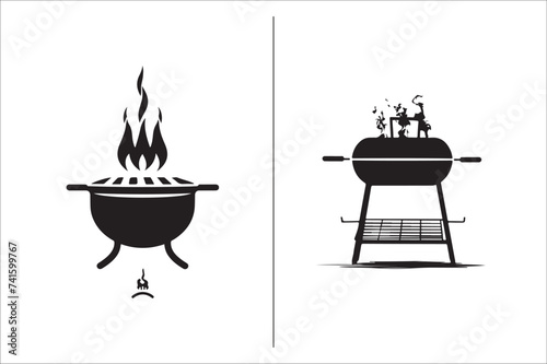 Barbecue grill Silhouette vector icon design and Grill bbq vector icon set illustration. BBQ silhouette vector on White background.