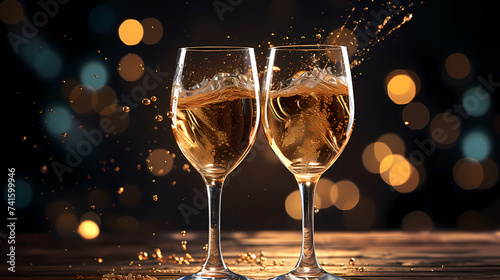 Champagne glass close-up, bokeh light background