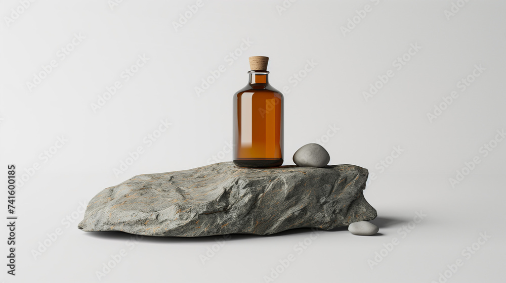 Bottle with blank label and glass of rum with ice standing on marble podiums isolated over white background. Mockup template