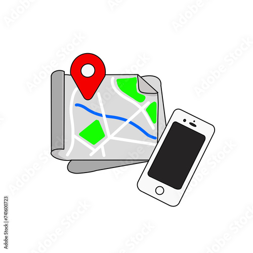 location map with red pin pointer, directions, labels, markers, signs, travel Navigator or guide and smartphone illustration photo