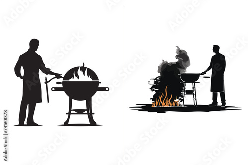 Barbecue grill Silhouette vector icon design and Grill bbq vector icon set illustration. BBQ silhouette vector on White background.