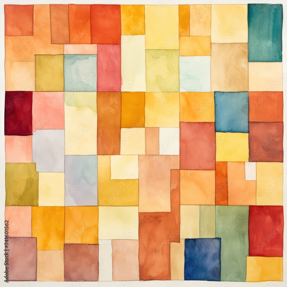 A painting featuring a variety of squares in different colors arranged in a geometric pattern.