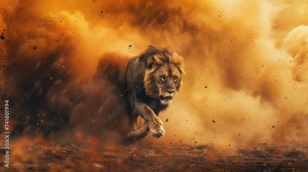 A majestic lion, king of the wild, roams its natural habitat - obrazy, fototapety, plakaty 