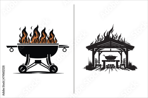 Barbecue grill Silhouette vector icon design and Grill bbq vector icon set illustration. BBQ silhouette vector on White background.