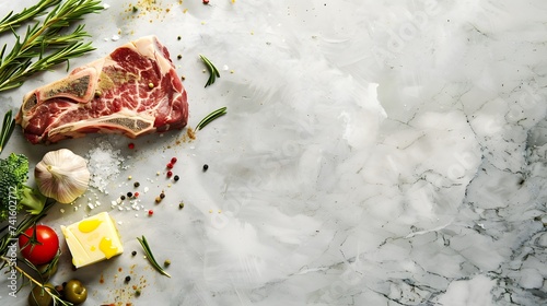 Food background with Fresh marbled beef rib eye steak, butter and spices
