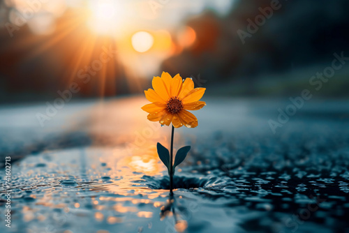 Resilience and mental health concept, a beautiful flower growing through concrete photo