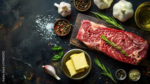 Food background with Fresh marbled beef rib eye steak, butter and spices photo