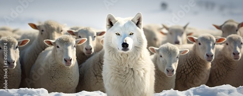 Deceptive wolf appears as sheep among flock wearing woolen attire blend in. Concept Deceptive Wolf, Sheep Disguise, Woolen Attire, Blend In, Flock Simulation