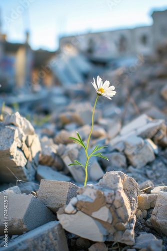 Resilience and mental health concept, a beautiful flower growing in the rubble of a house photo