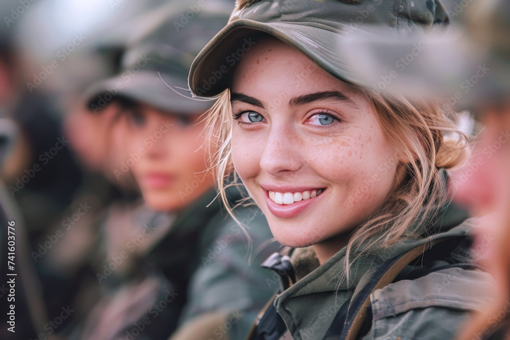 Caucasian woman army soldier smiling in Universal Camouflage Uniform Caucasian woman army soldier smiling in Universal Camouflage Uniform