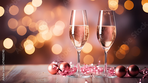 Champagne glass close-up, bokeh light background