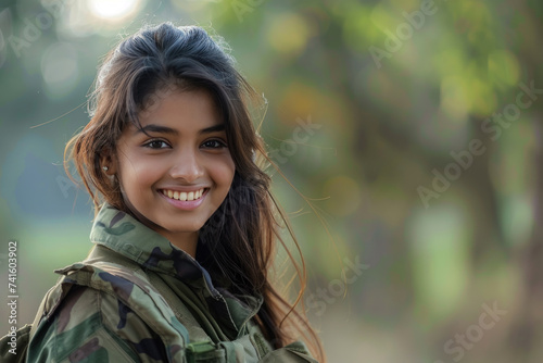 Indian woman army soldier smiling in Universal Camouflage Uniform