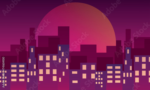 Retro futuristic synthwave retrowave styled night cityscape with sunset on background. Cover or banner template for retro wave music. 
