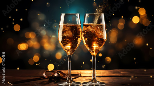 Champagne glass close-up, bokeh light background