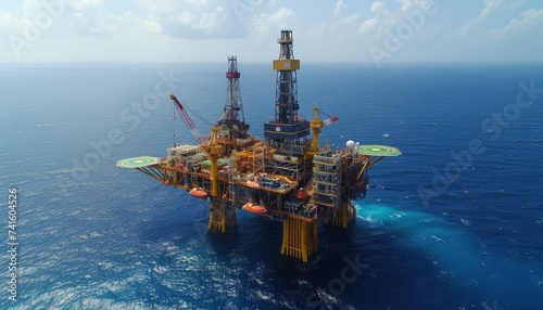 Offshore oil rig platform in open sea, daylight scene of oil drilling structure in blue waters photo