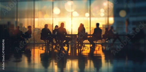 A diverse group of business people in silhouette, meeting and discussing at a cafe table, bathed in the warm glow of a sunset