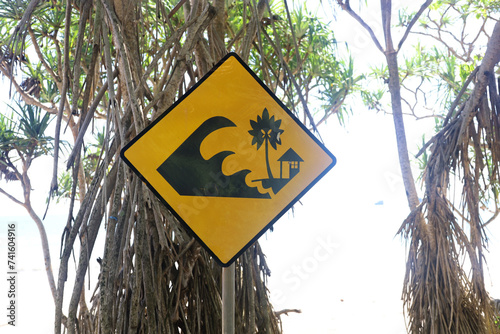 Yellow tsunami warning sign with pandanus plants on the beach.