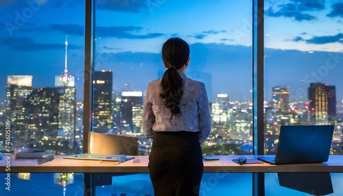 Businesswomen in front of full windows with her back turned and black straight tied up hair. A media worker watches the lights of the city from her office in the evening.