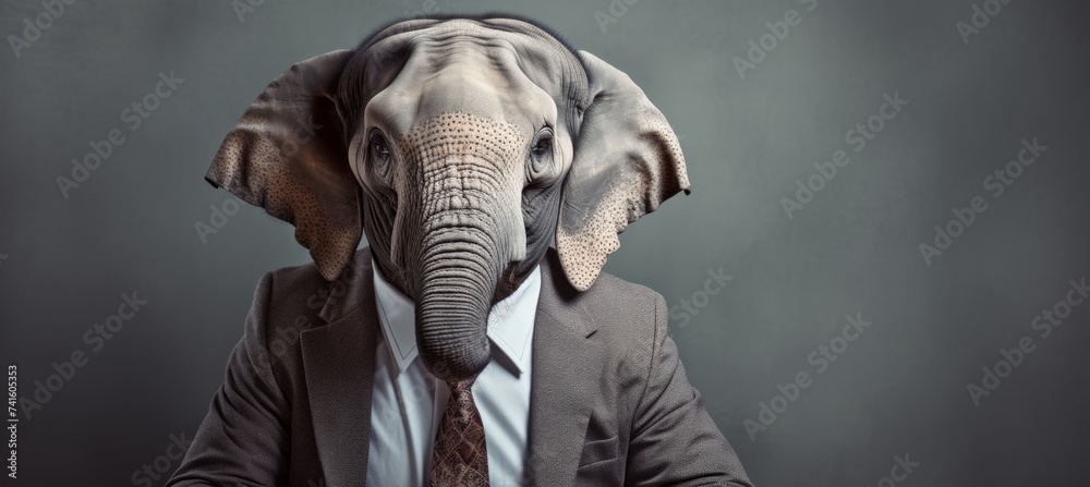 Corporate elephant in business attire, studio shot with copy space, animal in office concept