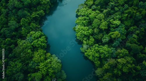 Top-down view of a gentle river meandering through a vibrant green forest, showcasing nature's tranquility and beauty.