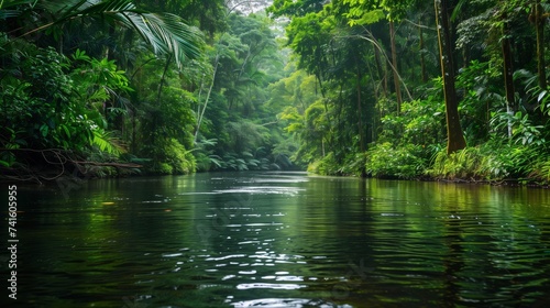 Tranquil river flowing through a dense tropical rainforest with lush greenery  creating a serene and mystical atmosphere.