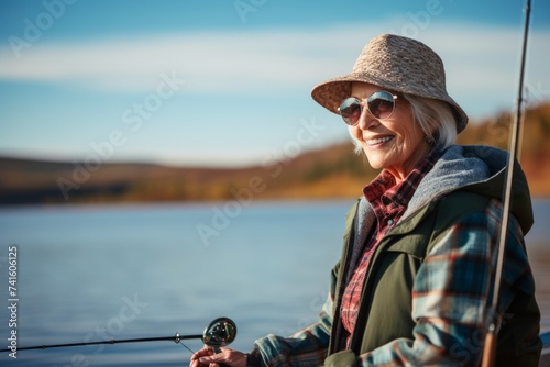 Wallpaper Mural Senior woman fishing at lake on autumn day. Mature female in hat and sunglasses holding spinning reel. Torontodigital.ca
