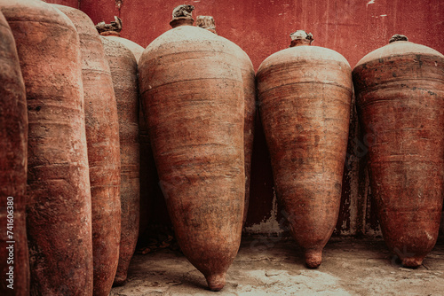 Ceramic barrels for wine and pisco production in the distillery, in Ica, Peru. photo