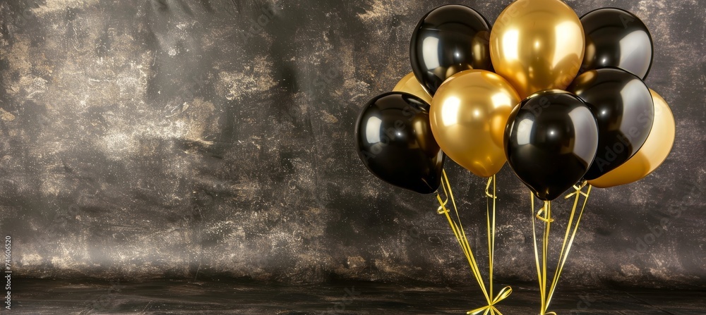 Naklejka premium Black friday sale ad with elegant black and gold balloons, text space, shopping concept.