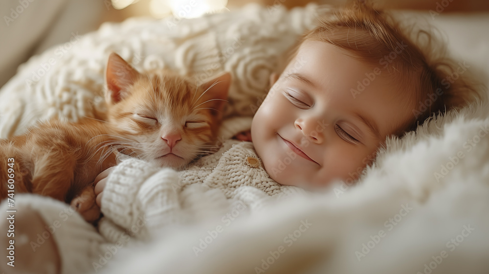 Cute little girl with ginger cat sleeping on soft blanket at home Cute little girl with ginger cat sleeping on soft blanket at home