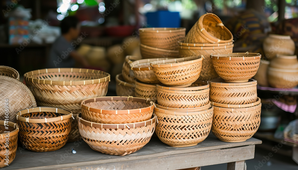Rows of beautifully handwoven bamboo baskets are showcased at a bustling local market - celebrating craftsmanship and tradition - wide format Rows of beautifully handwoven bamboo baskets are showcased at a bustling local market - celebrating craftsmanship and tradition - wide format