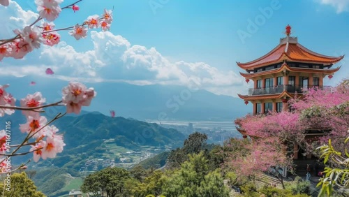 temple buildings in the mountains with views of beautiful pink flowers. Seamless looping 4k animation video background  photo