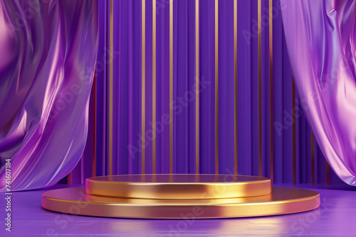 Purple and gold luxurious podium for product presentation, empty platform background